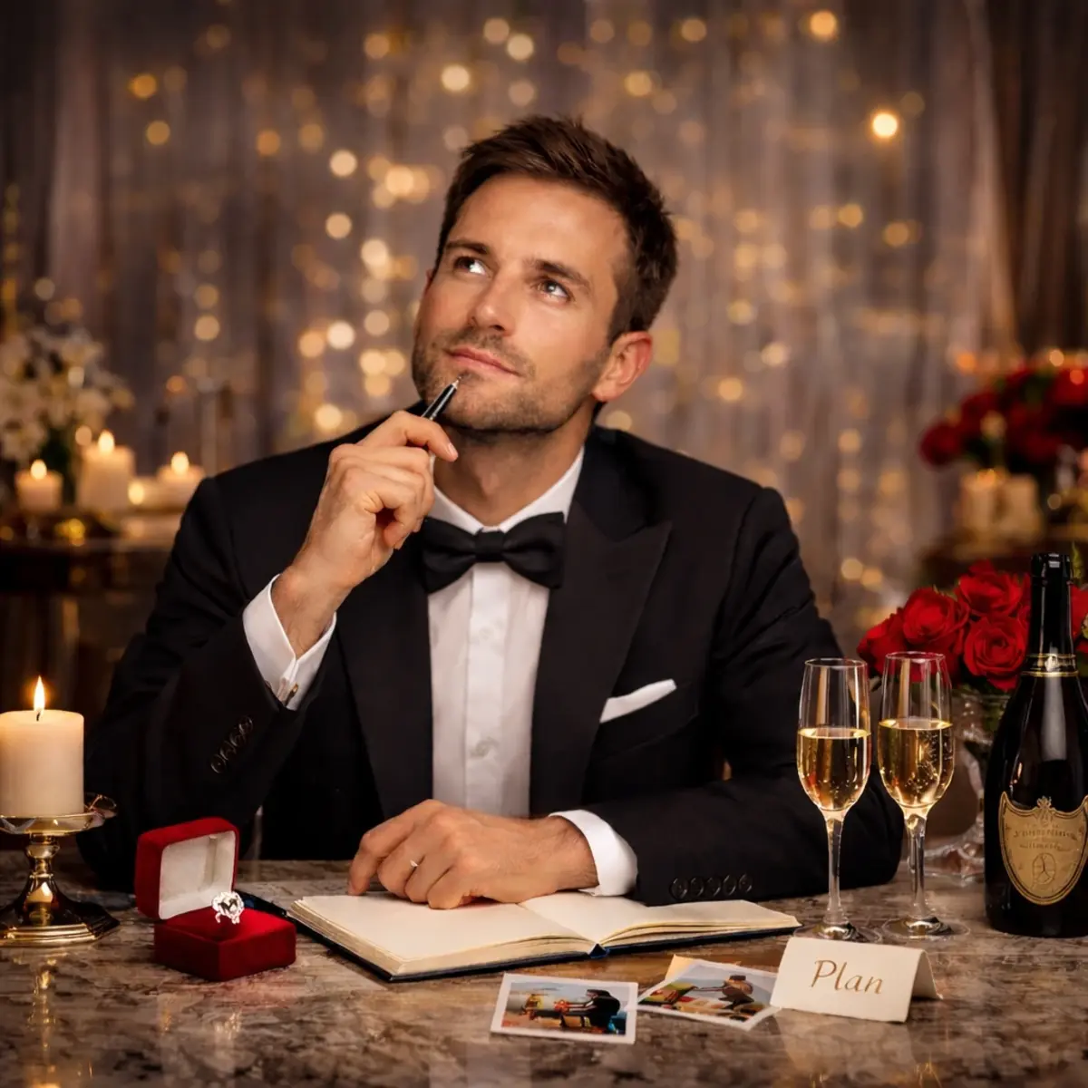 άνδρας σκέφτεται πώς να οργανώσει την πρόταση γάμου του.