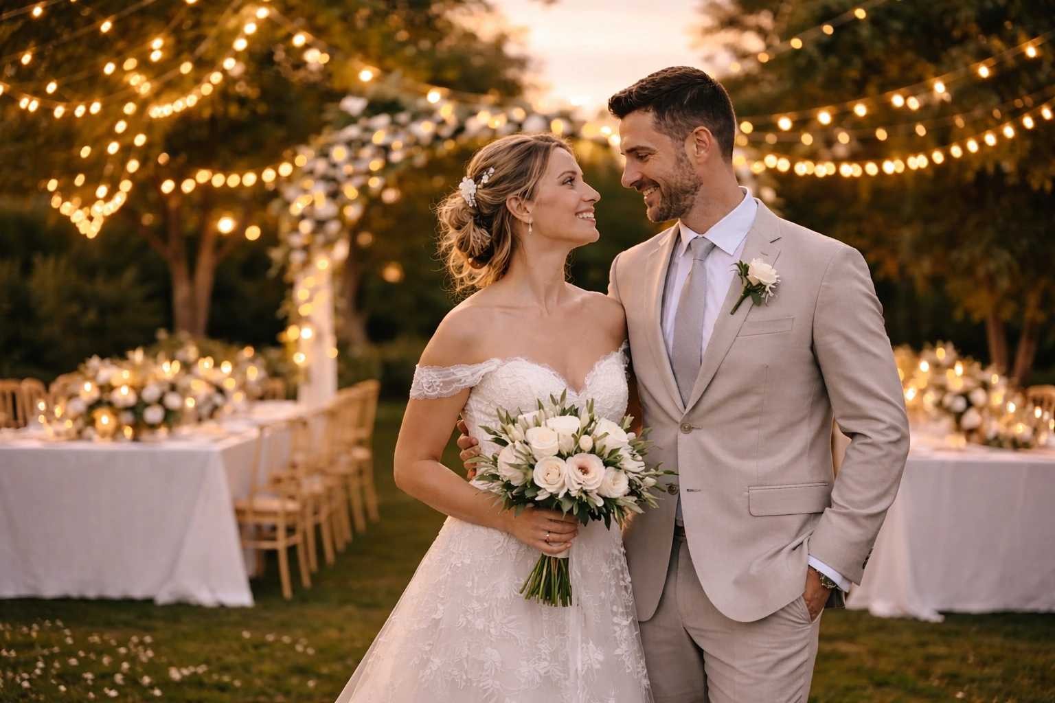 χώρος δεξίωσης γάμου με ζευγάρι παντρεμένο.